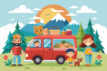 Happy family road trip. Mom, Dad, children and a dog traveling on a tourist minivan
