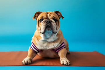 Cute dog doing yoga exercise on color background.