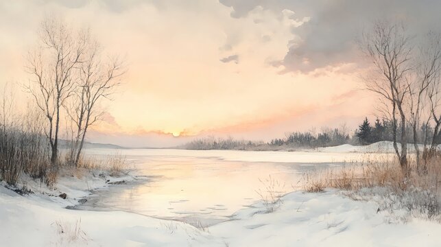 A watercolor depiction of a snowy winter landscape with a frozen lake, bare trees, and soft pastel skies, representing the calm beauty of winter high detailed