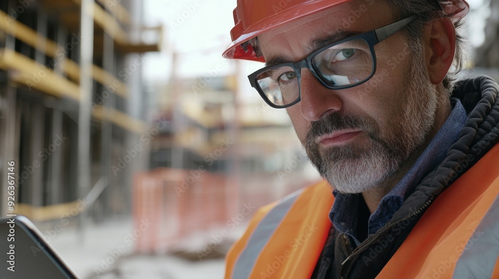 Poster A close-up of a site engineer with a thoughtful expression, analyzing data on a laptop or tablet, with a construction site visible in the background.