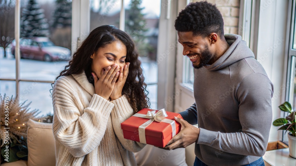 Wall mural boyfriend surprising his girlfriend with a gift