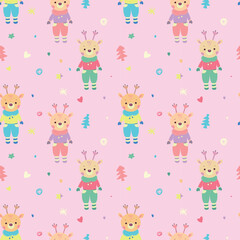 Obraz premium Cute seamless pattern with elk and cartoon elements. Pink background. Perfect for kids apparel, greeting card design, fabric print, baby shower, wrapping paper design and decor textiles.