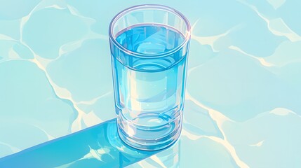 Glass of Water on Blue Background.