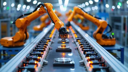 Modern Industry 4.0 Factory Featuring Industrial Automation Robots for Enhanced Manufacturing Processes and Precision Engineering
