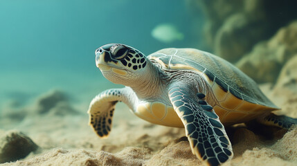 Obraz premium A type of sea turtle called the Green sea turtle, or Chelonia mydas, is found in Ras Al Hadd, which is in Oman. --ar 16:9 --v 6.1 Job ID: b6950d59-3b94-4d50-a852-e72c593bf50d