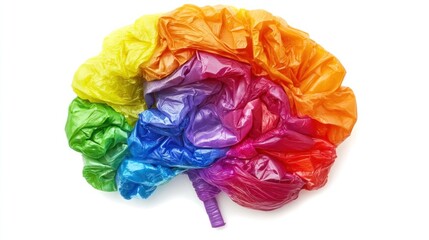 Brain Made of Multicolored Plastic Bags on White Background