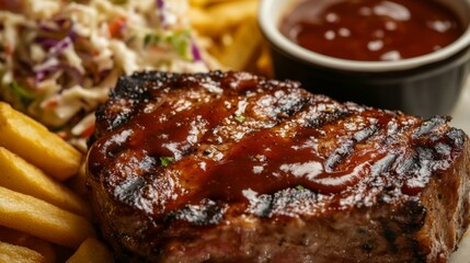 A close-up of a thick-cut pork steak, grilled and topped with a tangy barbecue sauce, served with a side of coleslaw and fries.