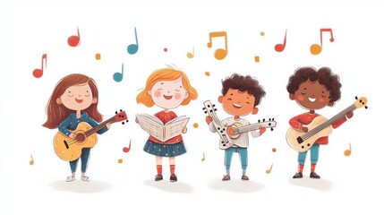 Kids collaborating on a music project, innovative and artistic, hand-drawn illustration, warm colors, isolated on white background. Copy space for text, No logo, No Trademark, No text