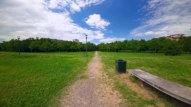 View from the first flight on the FPV drone. Video Shooting on an ultra-wide angle camera. Fast and dynamic flight on a sports quadcopter gvnf.obksz yn lipo batteries. Nature. Tuscany Italy 17.08.2024