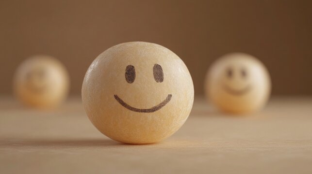 Smiling Faces on Round Objects with Beige Background
