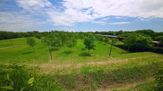 View from the first flight on the FPV drone. Video Shooting on an ultra-wide angle camera. Fast and dynamic flight on a sports quadcopter gvnf.obksz yn lipo batteries. Nature. Tuscany Italy 17.08.2024