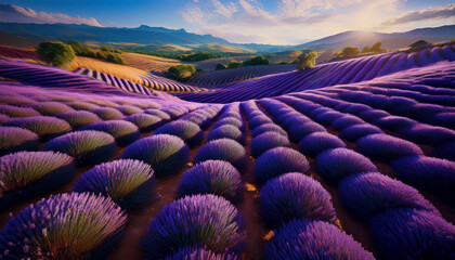 Obraz premium lavender cultivation in large, winding fields and its contribution to the industry