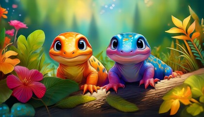 Two happy, colorful baby salamanders in nature