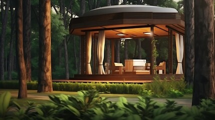 A small, house is surrounded by trees and has a large window. The house is lit up at night, creating a cozy and inviting atmosphere