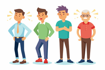 Set of character men with pain in different parts of the body. Backache, abdominal pain, headache, migraine
