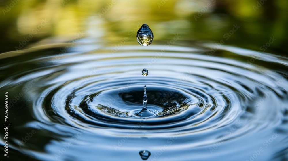 Aufkleber A close-up of a water droplet falling into a pool of water, creating a ripple effect and capturing the moment of impact with a clean background.