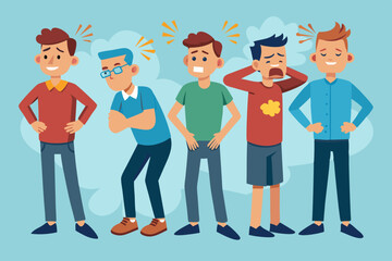 Set of character men with pain in different parts of the body. Backache, abdominal pain, headache, migraine
