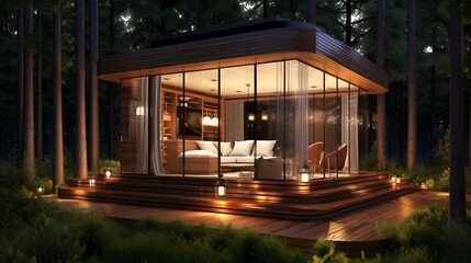 A small, house is surrounded by trees and has a large window. The house is lit up at night, creating a cozy and inviting atmosphere