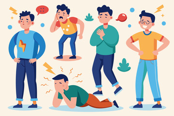 Set of character men with pain in different parts of the body. Backache, abdominal pain, headache, migraine

