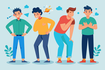 Set of character men with pain in different parts of the body. Backache, abdominal pain, headache, migraine
