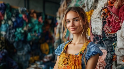 Naklejka premium Fashion designer working on a sustainable collection using recycled textiles, promoting waste reduction, eco-fashion. Copy space for text, No logo, No Trademark, No text