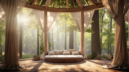 Fototapeta premium A small, house is surrounded by trees and has a large window. The house is lit up at night, creating a cozy and inviting atmosphere