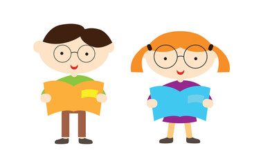 Happy Boy and Girl with Glasses Reading Books. Education and learning concept vector