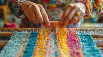 Close-up of hands weaving fabric from recycled materials, promoting waste reduction in the fashion industry, sustainability. Copy space for text, No logo, No Trademark, No text