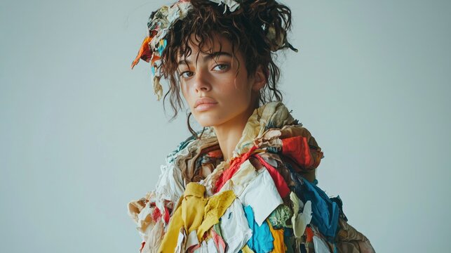 Model wearing avant-garde clothing crafted from unconventional recycled materials, showcasing innovative eco-fashion. Copy space for text, No logo, No Trademark, No text