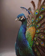 Portrait of Adult male peacock displaying dolorful feathers	