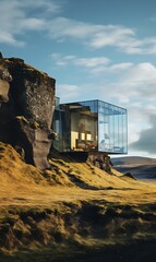 A house is built on a hill overlooking the ocean. The house is made of glass and has a modern design. The view from the house is breathtaking, with the ocean and mountains in the background