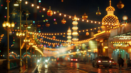 Obraz premium A nighttime scene of a city illuminated with lights and decorations,