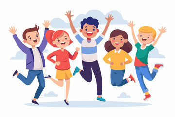 Happy group of students are jumping on a white background. Cheer
