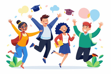 Happy group of students are jumping on a white background. Cheer
