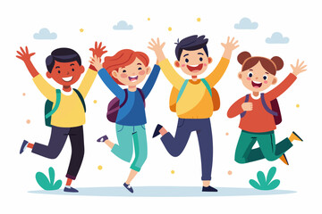 Happy group of students are jumping on a white background. Cheer
