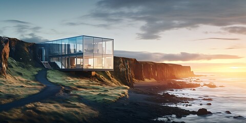 A house is built on a hill overlooking the ocean. The house is made of glass and has a modern design. The view from the house is breathtaking, with the ocean and mountains in the background