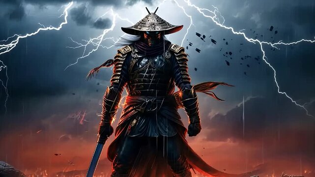 fantasy warrior Samurai Japan Standing with sword Thunder storm lightning dark 4k
