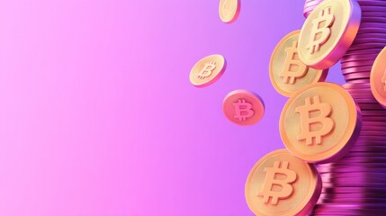 3D Bitcoins Floating Against Pink Background