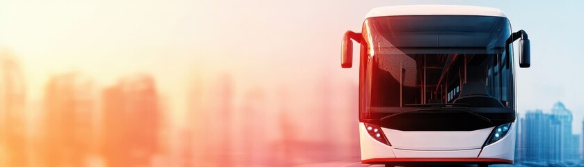 Modern bus in urban setting with city skyline backdrop, perfect for travel, transportation, or public transit themes.