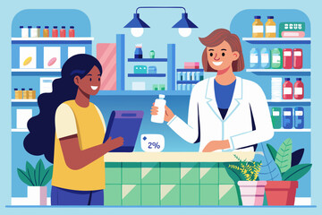 Pharmacist doctor and patient in the drugstore. A client woman buys drugs at a pharmacy
