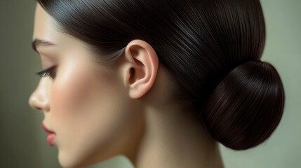 Fototapeta premium A close-up of a woman with a sophisticated hairstyle, such as a sleek ponytail or elegant chignon, showcasing the neat, glossy appearance of her hair.