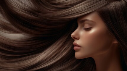 Naklejka premium A close-up of a woman with glossy, long hair cascading over her shoulders, with a soft, natural shine and a serene expression.