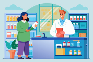Pharmacist doctor and patient in the drugstore. A client woman buys drugs at a pharmacy
