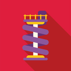 Purple spiral slide standing on bright red background, in flat design with long shadow