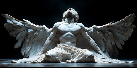 A majestic statue of an angelic figure with large wings, seated on the ground, looking upwards, ideal for themes of spirituality, strength, or artistic inspiration,