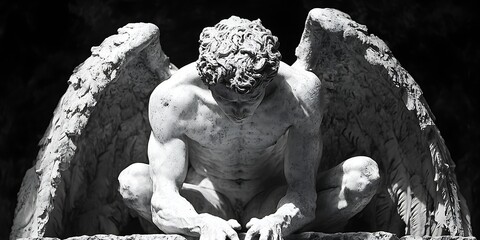 A monochromatic stone statue of a muscular, crouching angel with detailed wings, suitable for themes of mythology, religion, or art,