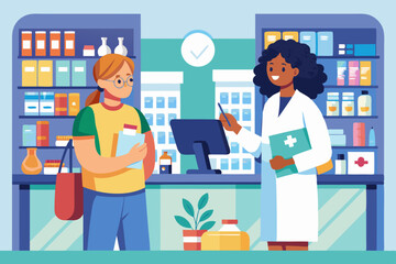 Pharmacist doctor and patient in the drugstore. A client woman buys drugs at a pharmacy
