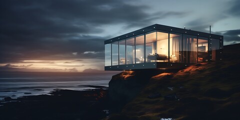 A house is built on a hill overlooking the ocean. The house is made of glass and has a modern design. The view from the house is breathtaking, with the ocean and mountains in the background