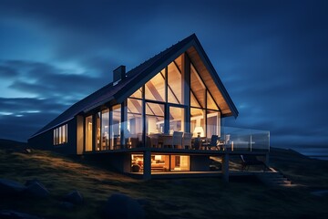 Fototapeta premium A large house with a lot of glass windows. The house is surrounded by mountains and the sun is setting. Real estate banner