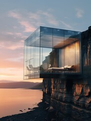 A house is built on a hill overlooking the ocean. The house is made of glass and has a modern design. The view from the house is breathtaking, with the ocean and mountains in the background